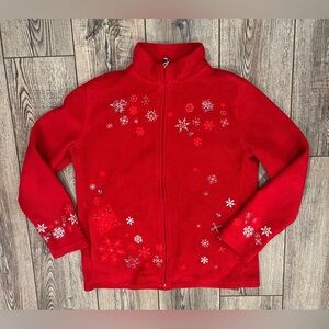 BonWorth Red Fleece Jacket Snowflake Embellished Embroidered Beaded Zip-Up XS